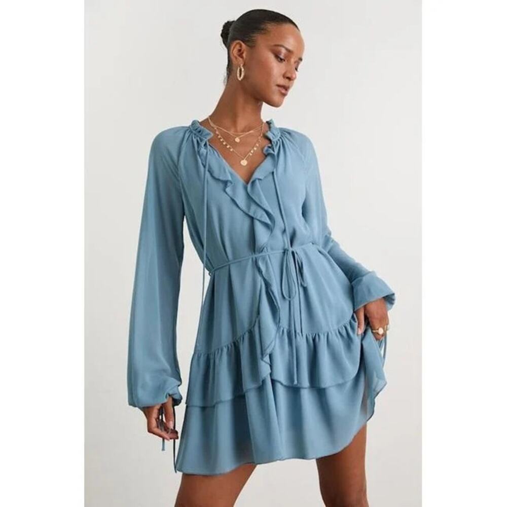 NWT Lulus Blue Allirah Ruffled Longβ Sleeve Tiered Mini Cottage Dress Women M